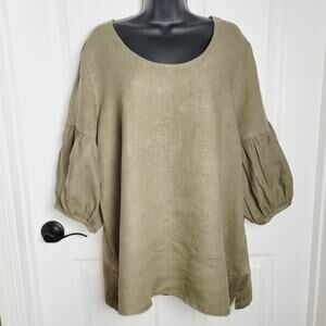 BRYN WALKER Top Womens 1X Green Olive Bell Flare Sleeve Lagenlook Pullover Tunic